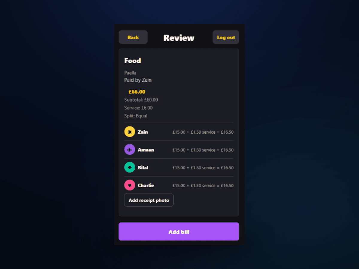 IOU review screen — a £66 food bill split four ways with service charge