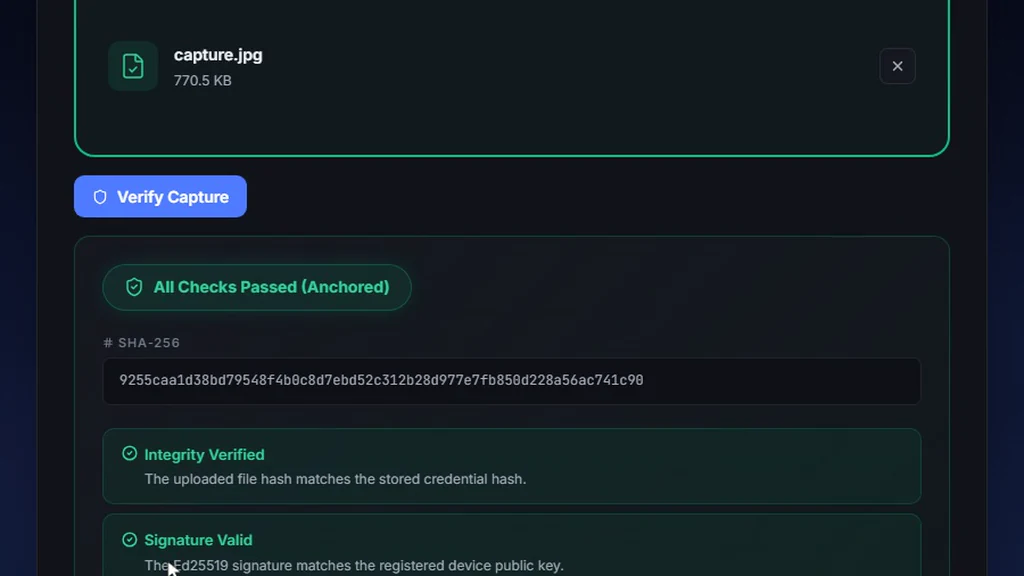 A photograph is uploaded to ProofLens's public share portal and verified: the SHA-256 digest matches, the Ed25519 device signature is valid, and an RFC 3161 authority has anchored the credential