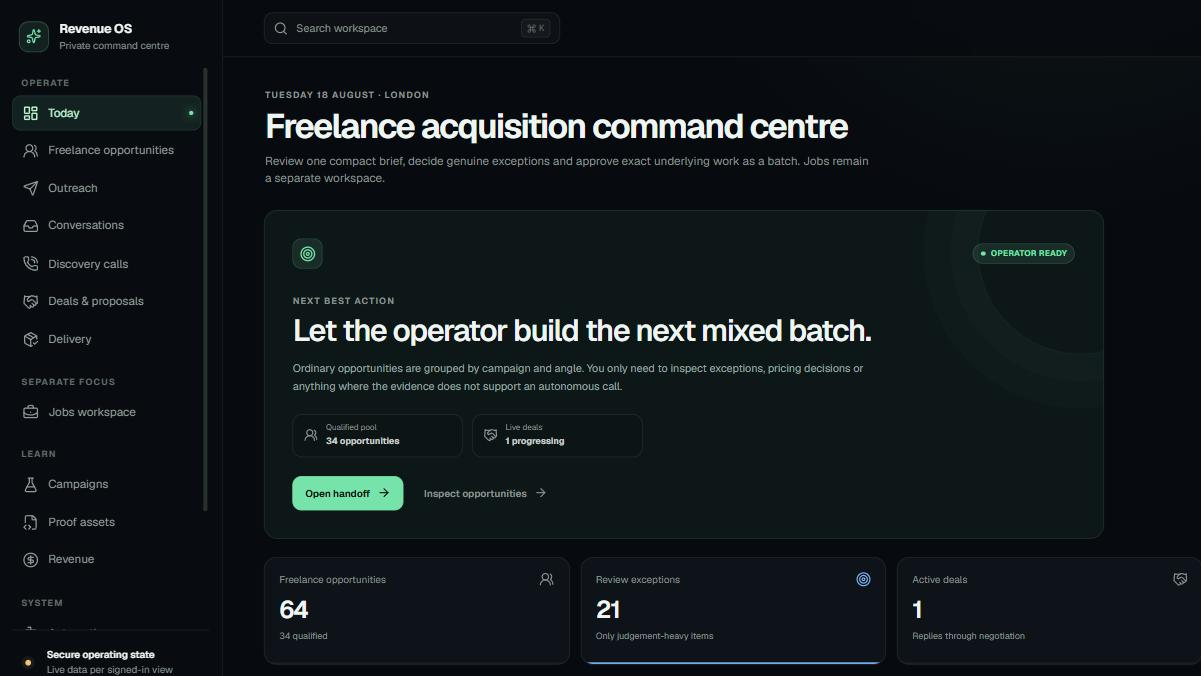 The Revenue OS command centre: the next action to approve as a batch, above the qualified pool and open exceptions