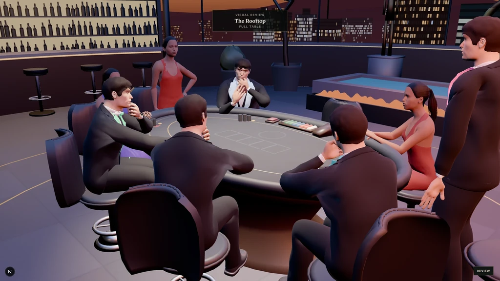 A development render of River's Rooftop venue at dusk, eight black-tie players around the table. On hover, a hand plays out on the live 2D table at playriver.uk: bets go in around a full table and a raise is set on the arc.